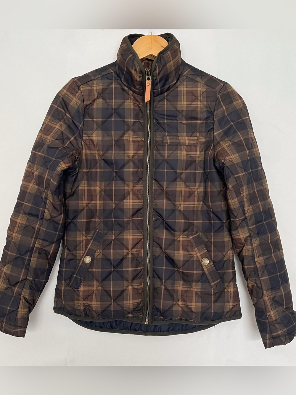 H&M Quilted Puffer Jacket Tartan Plaid Pockets Lightweight Size 4 Brown Black